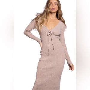 POL Women's  Sz. M Long Sleeve Bodycon Midi Taupe V-Neck Dress Ribbed Stretchy